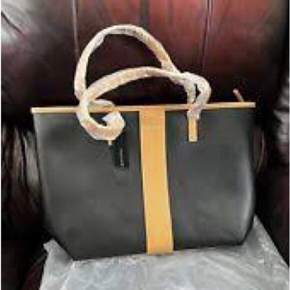 Tahari Kristen Black with Vachetta Trim Zip Closure Large Tote Bag Purse NWT - Picture 1 of 14